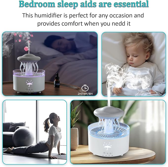 Humidifier for Bedroom, Rotating Umbrella Diffuser with Rain Drop Effect 7-Color LED, 300ML Small Humidifier with Remote & Timer, Funny Rain Humidifiers Gift for Family and Friends (White 1) - Image 4
