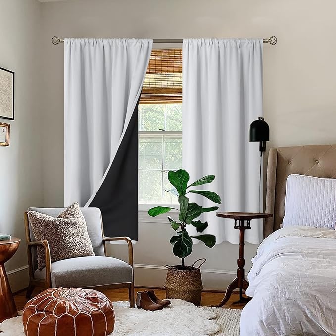 BGment Thermal Insulated 100% Blackout Curtains for Bedroom with Black Liner, Double Layer Full Room Darkening Noise Reducing Rod Pocket Curtain (42 x 63 Inch, Greyish White, 2 Panels) - Image 2