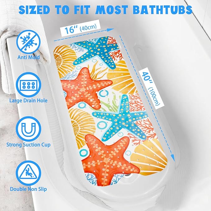 Ocean Bathtub Mat Non Slip, Cute Baby Bath Mat for Tub Rubber Tub Mat, Starfish Seashells Toddler Kids Bath Mats for Bathroom Anti Slip Shower Mat with Suction and Drain Holes Machine Washable,40″x16″ - Image 3