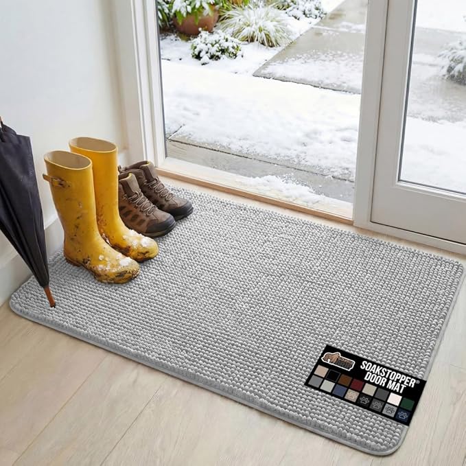 GORILLA GRIP SOAKSTOPPER Dog Door Mat, 48x30 Machine Washable Rug Absorbent Doormat Captures Moisture Mud Dirt, Quick Dry Soft Chenille Entryway Rugs Indoor Entrance Mats for Dog Paws, Light Gray by GorillaGrip