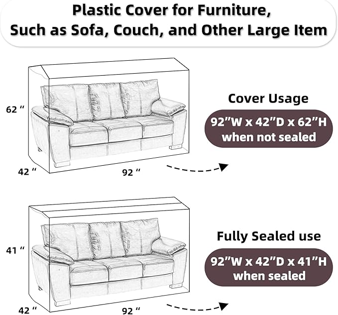 Yotelab Plastic Couch Cover for Moving,Sofa Bag Cover Protector,Furniture Cover for Storage,92Wx42Dx62/41H Inches (No Seal) - Image 2