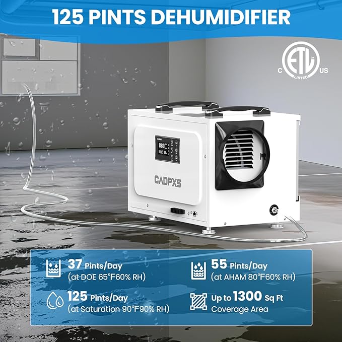 CADPXS Crawl Space Dehumidifier with Pump, 125 Pints Commercial Dehumidifiers with Drain Hose, Dehumidifier for Crawlspace, Basements & Water Damage Use, Auto Defrost, Memory Restart, cETL Listed - Image 3