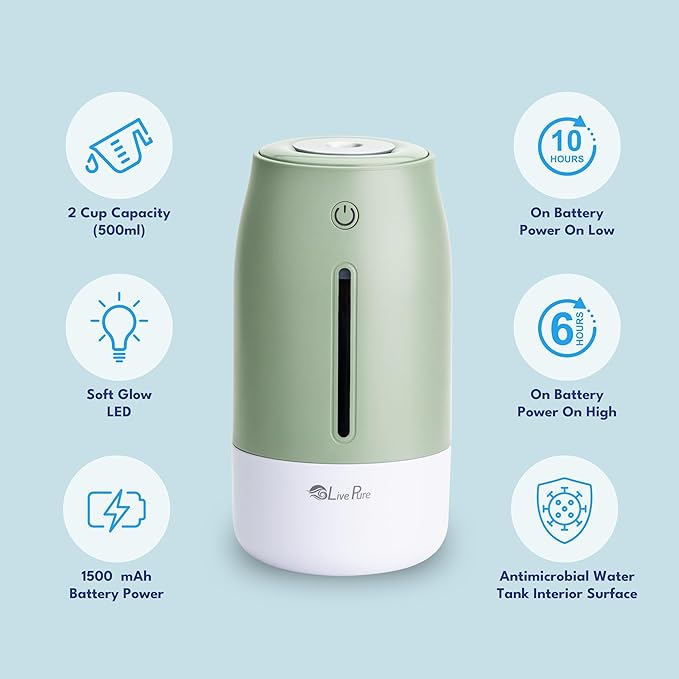 LivePure Cool Mist Humidifiers for Bedroom. Small Humidifier for Babies, Nursery, Plants, Office. Ultrasonic Cool Mist Humidifier w/Quiet Operation, USB-C Rechargeable. Mint Green - Image 4