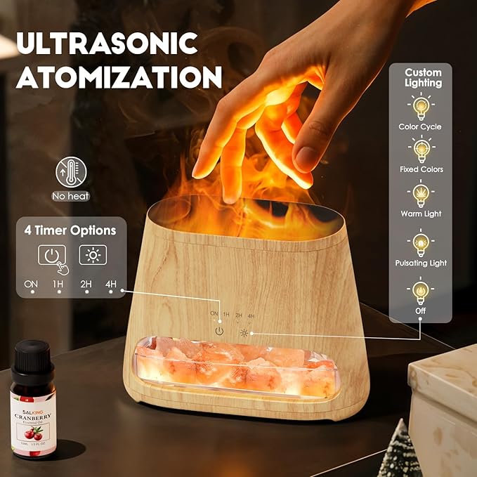 SALKING Colorful Flame Fire Diffuser Humidifier, Himalayan Salt Lamp, 7 Colors Changing Oil Diffuser, Ultra-Quiet Essential Oils Aromatherapy Diffusers for Large Room, Bedroom,150ml (Wooden Grain) - Image 5