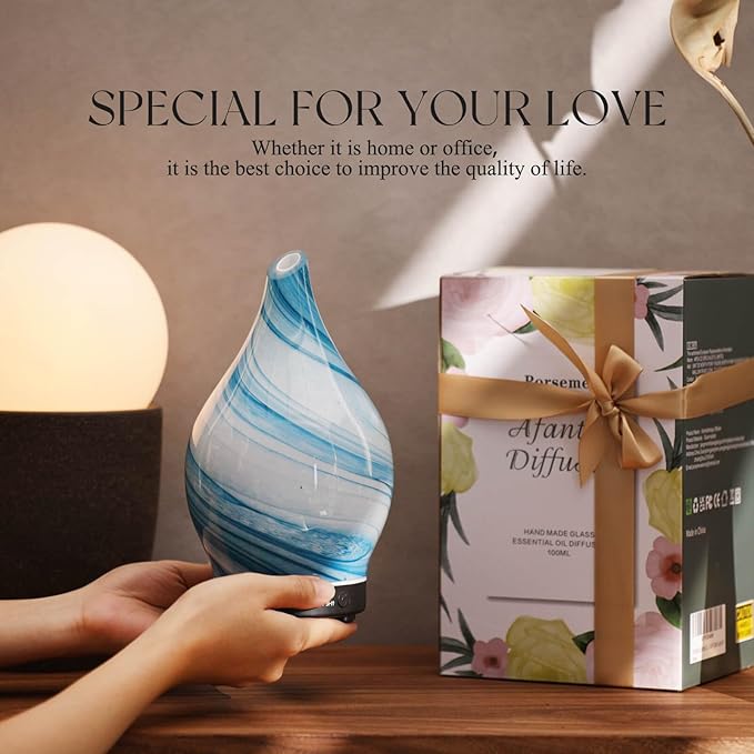 Porseme 150ml Essential Oil Diffuser Glass Color Changing Aroma Air Diffusers Aromatherapy Ultrasonic Cool Mist Humidifier 6 Running Hours Waterless Auto-Off for Sleeping Yoga Office Spa (Blue Ink) - Image 6