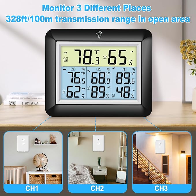 Urageuxy Indoor Outdoor Thermometer Wireless with 3 Sensors, 328ft Range Digital Hygrometer Temperature Humidity Monitor for Home, Greenhouse, Kitchen, Bedroom, Backlight, Black - Image 4