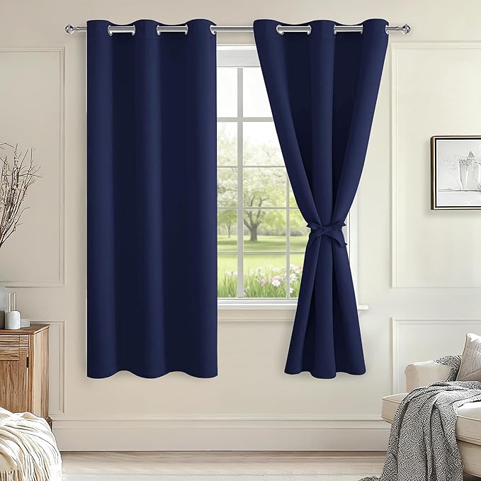 Hiasan Blackout Curtains for Bedroom and Living Room, Light Blocking, Noise Reducing Window Curtain Panels, Tiebacks Included, Set of 2, Grommet Top (Navy Blue, Width 38 Inch x Length 72 Inch) by Hiasan