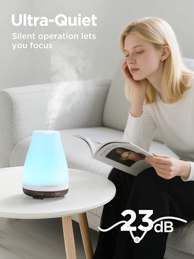 InnoGear Essential Oil Diffuser, Ultrasonic Diffusers for Home Aromatherapy Humidifier for Bedroom Room 7 Colors LED 2 Mist Mode Auto Off, Brown Base - Image 4