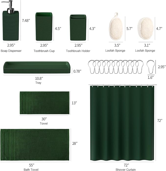 Resin Green Bathroom Set, Dark Green Bathroom Accessories Set with Shower Curtain, Bath Towel Sets, Natural Loofah Sponge, Soap Dispenser, Toothbrush Holder, Bathroom Tumbler and Tray for Bathroom - Image 8