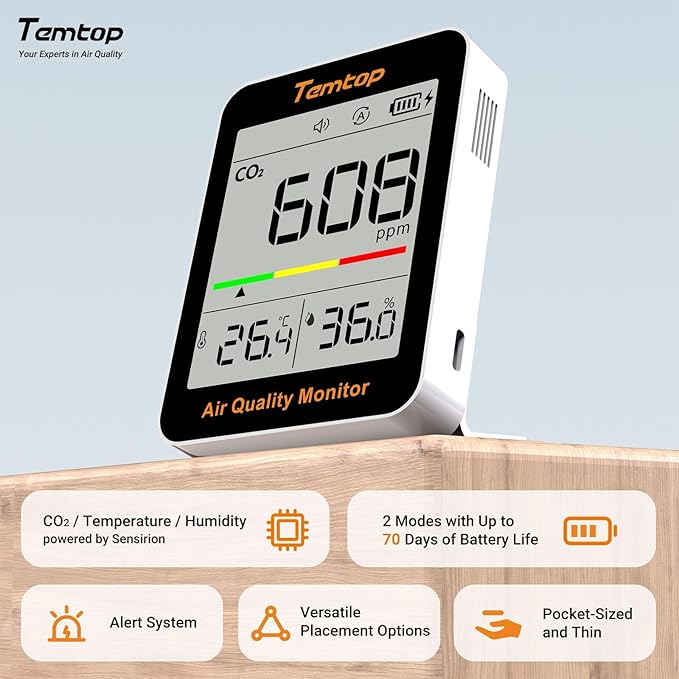 Temtop CO2 Monitor Indoor air Quality Monitor Portable CO2 Meter, CO2, Temperature, Humidity Home, Office or School - Image 2