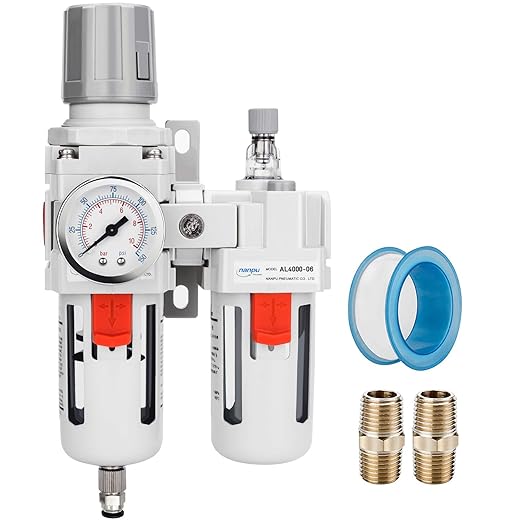 NANPU 3/4" NPT Compressed Air Filter Regulator Lubricator Combo (FRL) Water/Oil Trap Separator - Gauge(0-150 psi), 5 Micron Brass Element,Poly Bowl, Semi-Auto Drain, Metal Bracket by NANPU