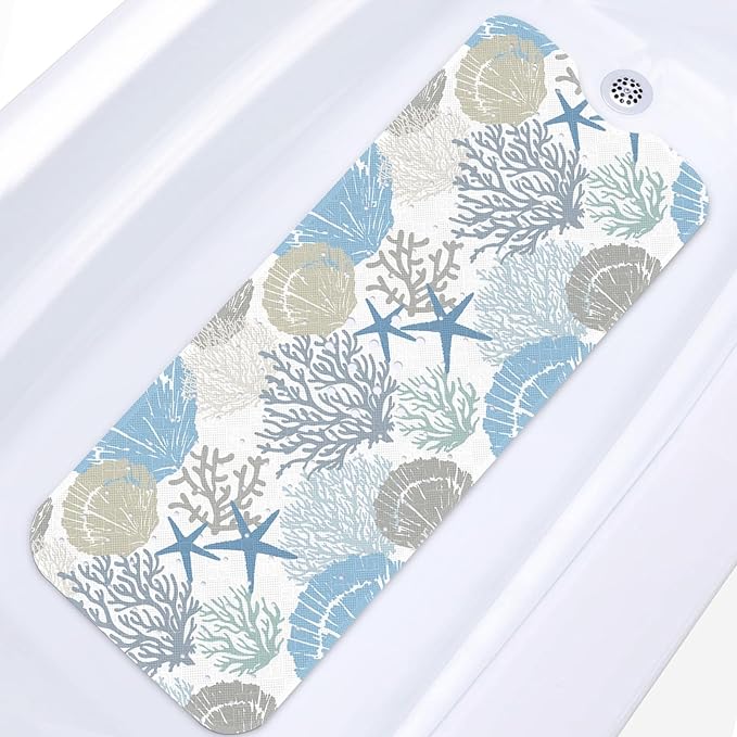 Sea Shells Coral Seashell Bath Mat Non Slip, Starfish Underwater 40X16 Inch Extra Long Bathtub Shower Mat for Tub Anti Slip with Suction Cups and Drain Holes for Kid Adult Elderly by Britown