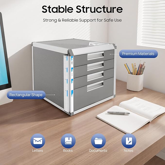 Metal Drawer Box, 4 Drawers Drawer Box luminium Alloy File Organiser, File Storage Cabinet with Lockable Drawers for Home, Office - Image 3