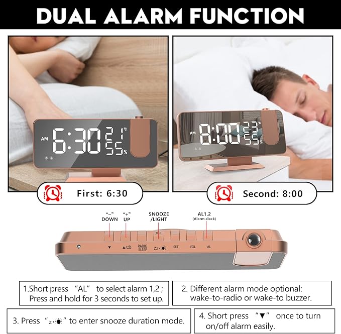 Projection Digital Alarm Clock for Bedrooms, Alarm Clock Radio on Ceiling, USB Charger Port, Temperature & Humidity Display, 7.3” Large Mirror LED Display,12/24H,Snooze,Dual Loud Clock- 4 Dimmer - Image 4