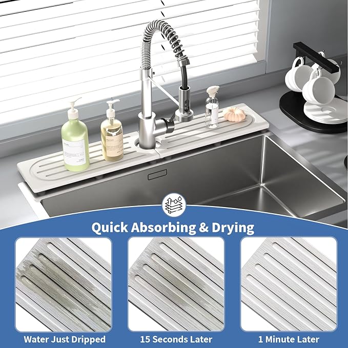 Faucet Mat for Kitchen Sink, Water Absorbent Kitchen Faucet Mat, Durable Sink Splash Guard with Raised Feet, Diatomite Fast Drying Kitchen Sink Faucet Mat, Bathroom Stone Drying Tray for Counter - Image 5