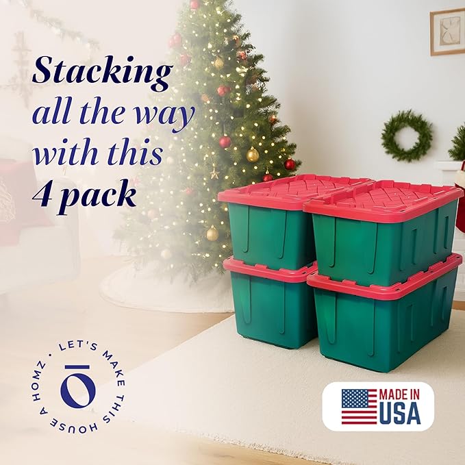 HOMZ 4-Pack Durabilt, Heavy Duty Plastic Storage Bins with Lids, 27 Gallon, Red/Green - Stackable Container Boxes for Holiday, Attic, and Garage Organization - Image 2