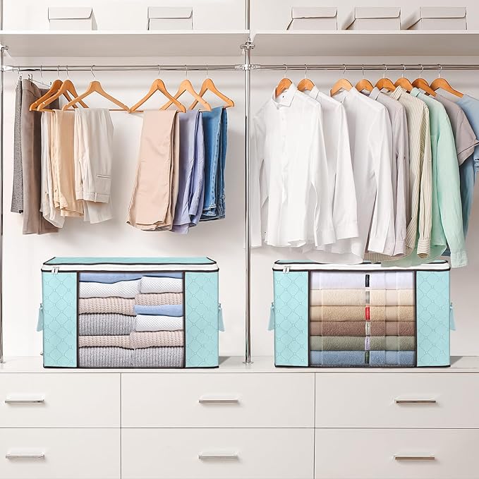 Budding Joy 90L Large Storage Bags, 8 Pack Clothes Storage Bins Foldable Closet Organizer Storage Containers with Durable Handles Storage and Organization, Blanket, Pillows and Toys (Blue) - Image 7