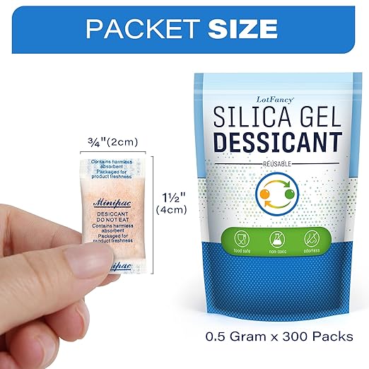 LotFancy Silica Gel Packets, 300 Packs 0.5 Gram, Indicating Desiccant Dehumidifier Packets, Moisture Absorber Bags for Spices Jewelry Shoes - Image 3