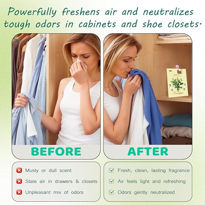 MR.A 13 Packs Eucalyptus Scented Sachets, Fragrance Sachet Bags for Drawers and Closets, Air Fresheners for Car and Home, Closet Deodorizer Scented Drawer Fresheners for Dresser with Hanger Hooks - Image 3
