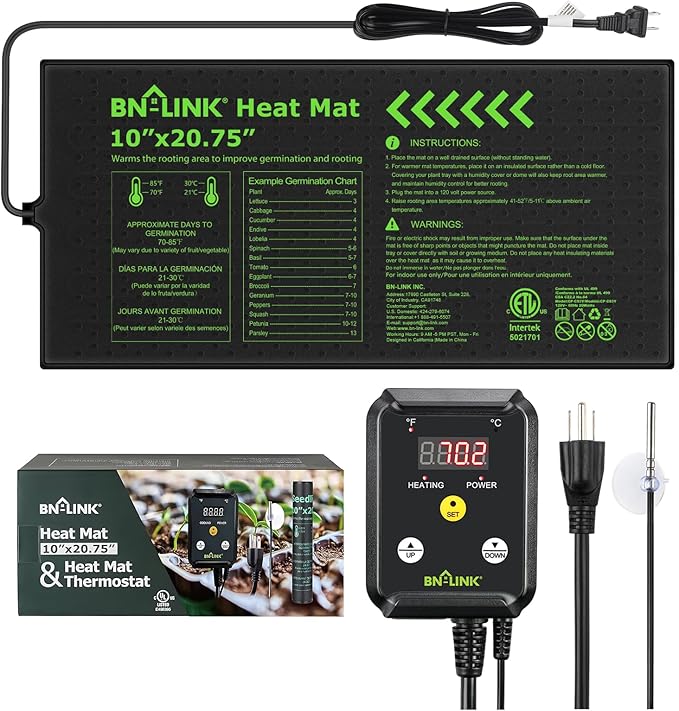 BN-LINK Seedling Heat Mat with Thermostat Controller Combo Set, 10" x 20.75" Plant Heating Mat for Seed Starting with Temperature Control for Indoor Growing, Plants Germination, ETL Listed by BN-LINK