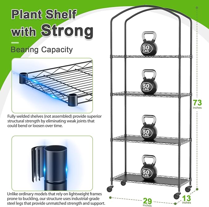 Abimars 4-Tier Greenhouse with Wheels, Height-Adjustable Shelves Metal Plant Shelf with PVC Cover for Seed Starting Trays, Seedling Pots, Plant Pots, 13x29x73inch - Image 2