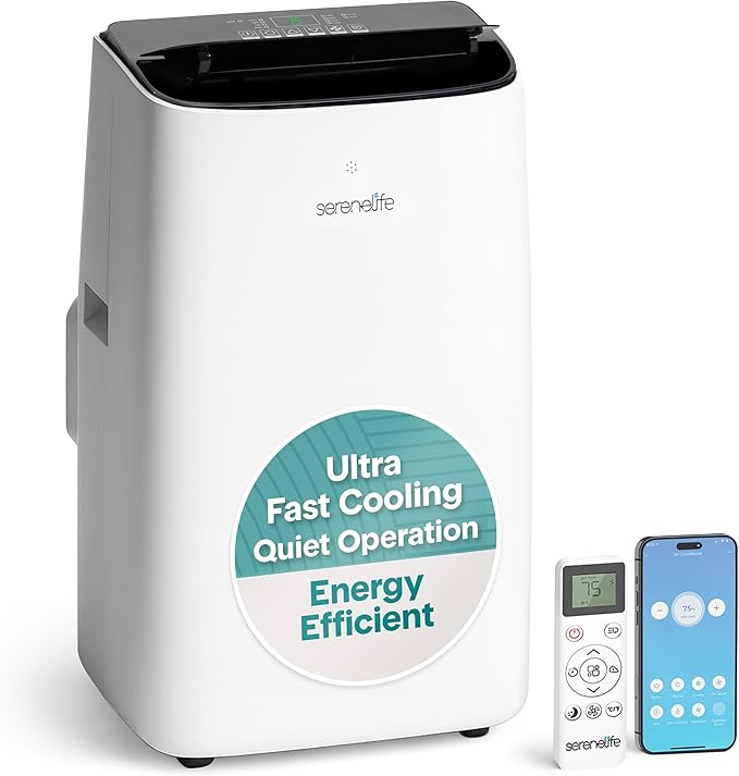 SereneLife 14000 BTU Ultra Quiet Portable Inverter Air Conditioner, Smart Cooling & Heating with WiFi, Energy Efficient, For Bedrooms, Living Spaces & Offices, 650 Sq Ft Coverage by SereneLife