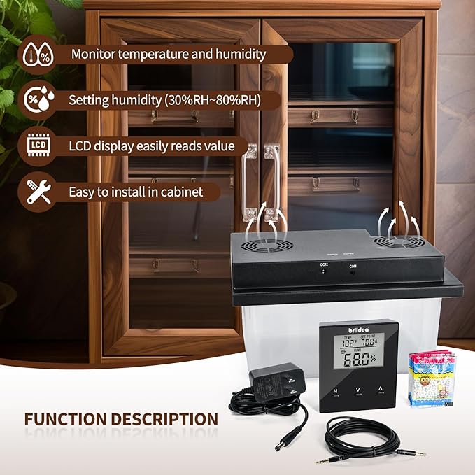 Briidea Electric Humidifiers for Cabinet (10-50 Cubic Ft.), 30% RH~80% RH Humidity Setting Values, Perfect Monitoring Temperature and Humidity, 12V Adapter Power Supply - Image 2
