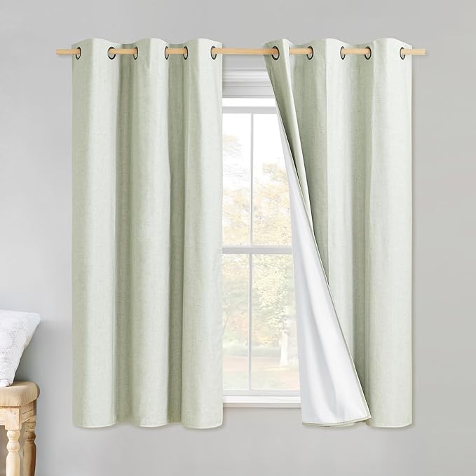 NICETOWN Sage Green Linen Blackout Curtains for Night Shift, Great Job, Set of 2, 34" by 60", Short Kitchen Burlap Linen 100% Blackout Drape Panels with Bronze Grommets for Blocking Light by NICETOWN