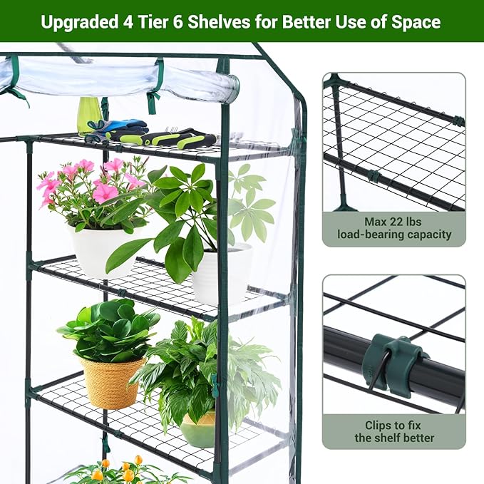 Ohuhu Small Greenhouse for Outdoors: 4 Tiers 6 Shelves Walk-in Indoor Green House Heavy Duty Plant Stands Reinforced Plastic PVC Cover Mini Portable Warm House for Outside, 4.8x2.5x6.4 FT - Image 3