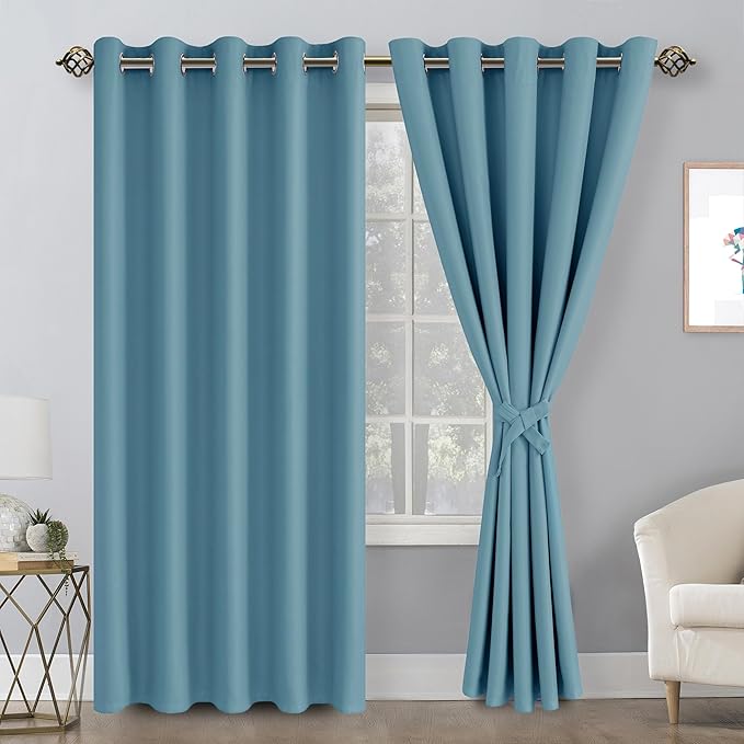 Hiasan Blackout Curtains for Bedroom, 60 x 84 Inches Long - Thermal Insulated & Noise reducing Window Curtains for Living Room, 2 Drape Panels Sewn with Tiebacks, Stone Blue - Image 2