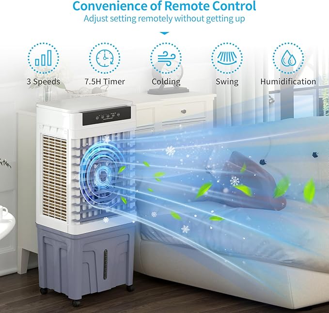 TABU 3531CFM Evaporative Air Cooler, 3-in-1 Portable Swamp Cooler with 11.9-Gal Water Tank, Cooling,Fan & Humidifier,120° Oscillation,3 Wind Speeds,7.5H-Timer,Remote Control,Ice Packs,Grey - Image 5