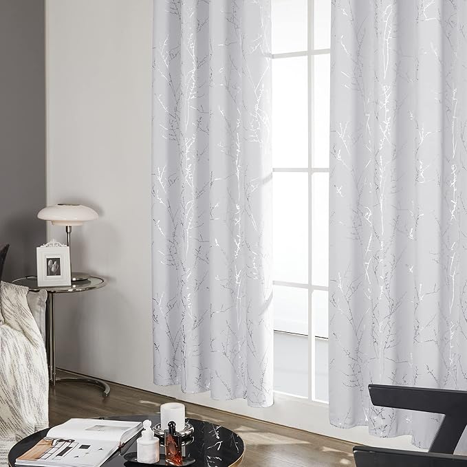 Deconovo Greyish White Curtains, Room Darkening Curtain, Thermal Insulated Soundproof Drapes, Silver Branch Print, 42 x 54 Inch Long, Grommet Window Panels for Living Room Bedroom Kitchen, Set of 2 - Image 5