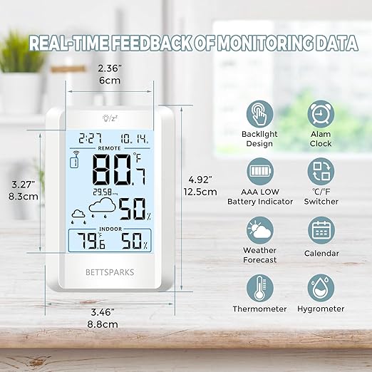Indoor Outdoor Thermometer Wireless Weather Station with 330FT Range Remove Sensor Inside Outside Digital Hygrometer Thermometer Battery Powered Temperature Gauge Humidity Monitor with Clock&Backlight - Image 2