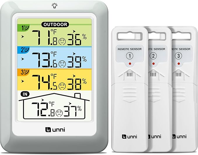 Indoor Outdoor Thermometer Wireless with 3 Sensors, 4.5 Inch Display with 330ft Range and Adjustable Backlight (Colorful) by UUNNI