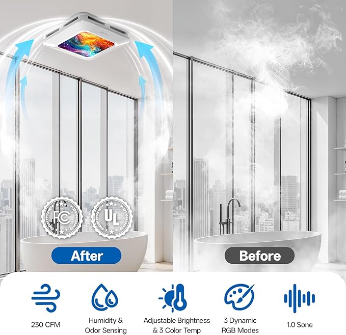 Bathroom Exhaust Fan with Light Humidity Sensor, Bathroom Fan with Humidity Sensor, 230 CFM 1.0 Sone Exhaust Fan, Venlitation Fan with 3CCT LED Light 7 LED Color, Remote Control Easy Install - Image 7