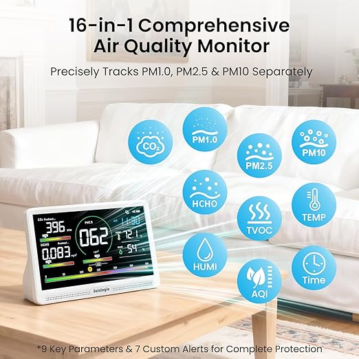 Sainlogic 16 in 1 Professional Air Quality Monitor Indoor with 7.2" Display & 3-Color 7 AQI Alerts,CO2 Monitor Air Quality Tester for CO2,HCHO,TVOC,PM2.5 PM1.0 PM10,Humidity,Temp & Time Meter for Home - Image 2