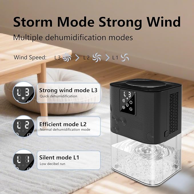 Dehumidifiers for Home,with 105 OZ Water Tank (1000 Sq Ft), Quiet Dehumidifier for Bedroom, Basement, Bathroom, with Auto Shut Off, 7 Colors LED Light (Black) - Image 5