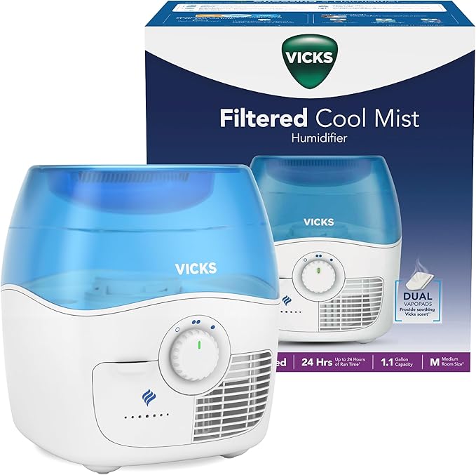 Vicks Filtered Cool Mist Humidifier, Medium Room, 1.1 Gallon Tank - Humidifier for Baby and Kids Rooms, Bedrooms and More, Works with Vicks VapoPads by VicksDevices