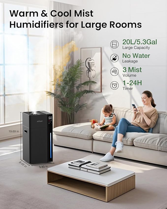 Mifasol Warm and Cool Mist Humidifier Large Room, 5.3Gal/20L Humidifiers for Home 1500 sq ft, Air Humidifiers for Bedroom, Large Room Humidifier for Baby Nursery Plants Office Whole House, Black - Image 2