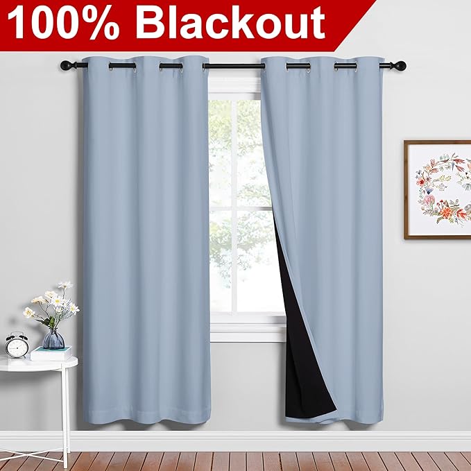 NICETOWN Full Shade Curtain Panels, 37" Wide x 70" Long, Vintage Blue, Pair of Thermal Insulated & Energy Efficiency Blackout Drapes for Living Room, Lined Silky Performance Window Dressing - Image 2