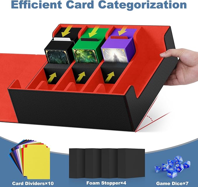Mlikero Card Deck Case, 2400+ Trading Card Storage Box with 10 Colorful Dividers and 4 Foam Stoppers, Leather Magnetic Closure Commander Deck Box Fit for MTG, TCG (4 Rows, Black&Red) - Image 3