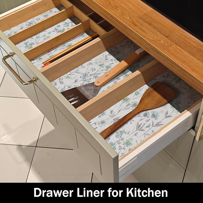 Blue and Green Floral Shelf Liners Non Adhesive and 12IN x 20FT Strong Non-Slip Shelf and Drawer Liners for Kitchen Cabinet Wire Fridge, Waterproof Shelf Drawer Liner,Easy to Clean - Image 4