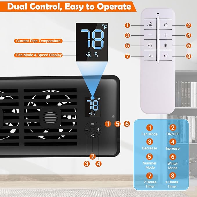 Register Booster Fan Fits 4" x 10" Register Holes, Vent Fan with DIY Scent Diffuser,Quiet 10-Speed Smart Heating Cooling AC with LCD Screen,Remote Control and Thermostat Control for Home,Wall,Floor - Image 4