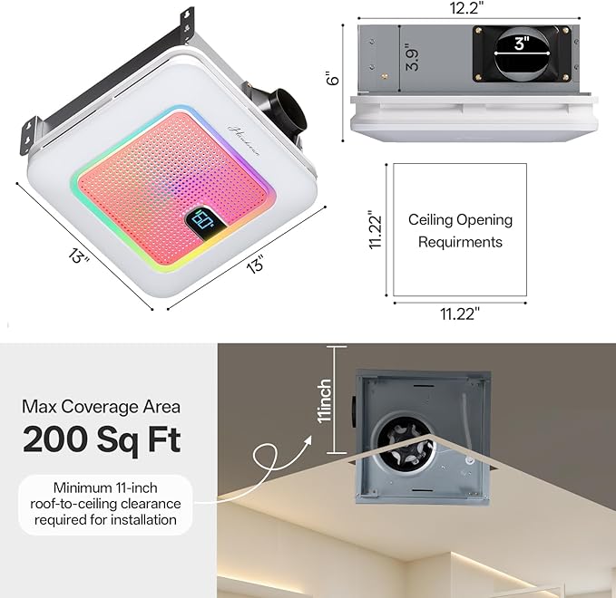 Smart Bathroom Exhaust Fan with Bluetooth Speaker, 230 CFM 1.0 Sone Exhaust Fan with Humidity & Odor Sensor, Remote/App/Voice Control, Adjustable LED Lighting & Dynamic RGB Mood Light (Pink) - Image 9