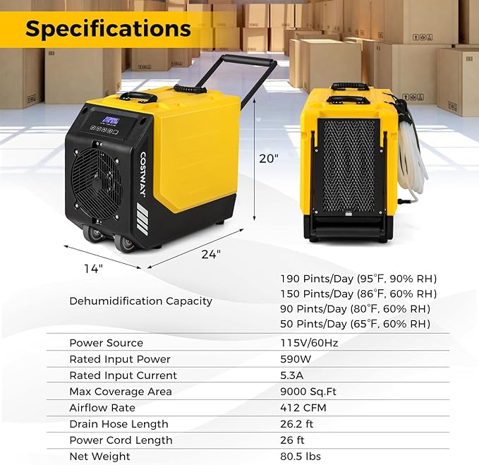 COSTWAY 190 PPD Commercial Dehumidifier with Pump, Rotational Molded Crawl Space Dehumidifier with 26Ft Drain Hose for Water Damage Restoration, Basement (Yellow) - Image 8