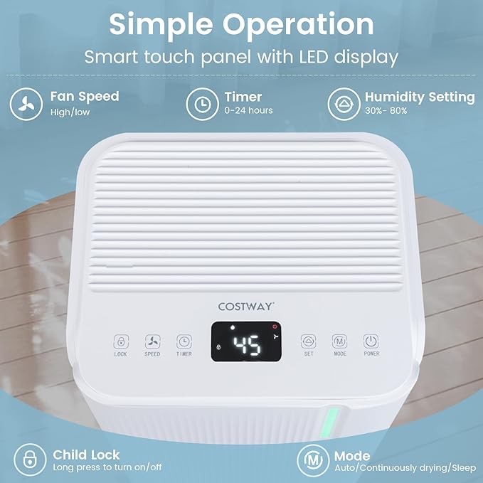 COSTWAY 32 Pints Dehumidifier for Home, 2000 Sq.Ft Portable Dehumidifier for Bedroom, Basement, Bathroom, 24H Timer, 3-Color Indicator, 3.3 FT Drain Hose, 4 Wheels - Image 3