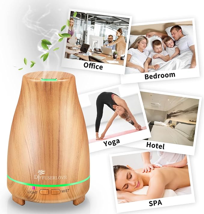 Diffuserlove Essential Oil Diffusers 200ML Diffuser Remote Control Aromatherapy Diffuser with 7 Color Lights, Auto Shut-Off for Bedroom Office Kitchen (Yellow Wood Grain) - Image 7