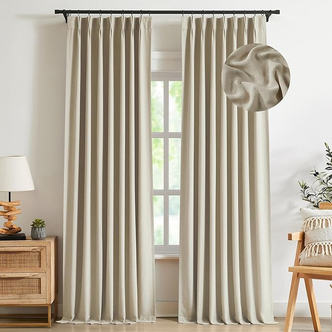 Kayne Studio Sand Pinch Pleated Full Blackout Curtains, Linen Blend Room Darkening Thermal Insulated Soundproof Drapes, 95 Inch Back Tab Window Curtains for Living Room Bedroom (2 Panels, 40"x95") by KayneStudio