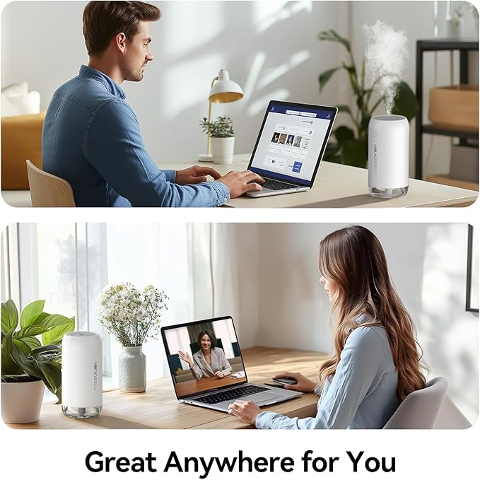 Portable Mini Humidifier, KQLKJ 350ml Small Cool Mist Humidifiers, USB Personal Desktop Humidifier for Bedroom Car Office Travel with Auto Shut-Off & 2 Mist Modes (White) - Image 6