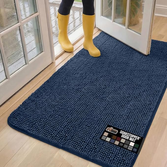 GORILLA GRIP SOAKSTOPPER Dog Door Mat, 60x36 Machine Washable Rug Absorbent Doormat Captures Moisture Mud Dirt, Quick Dry Soft Chenille Entryway Rugs Indoor Entrance Mats for Dog Paws, Navy Blue by GorillaGrip